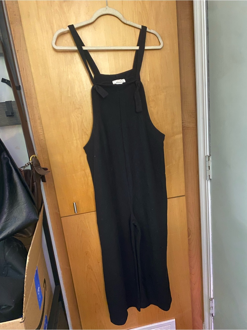 Black Tie Shoulder Overalls Romper Jumpsuit Straight Leg Ankle Crop Size M